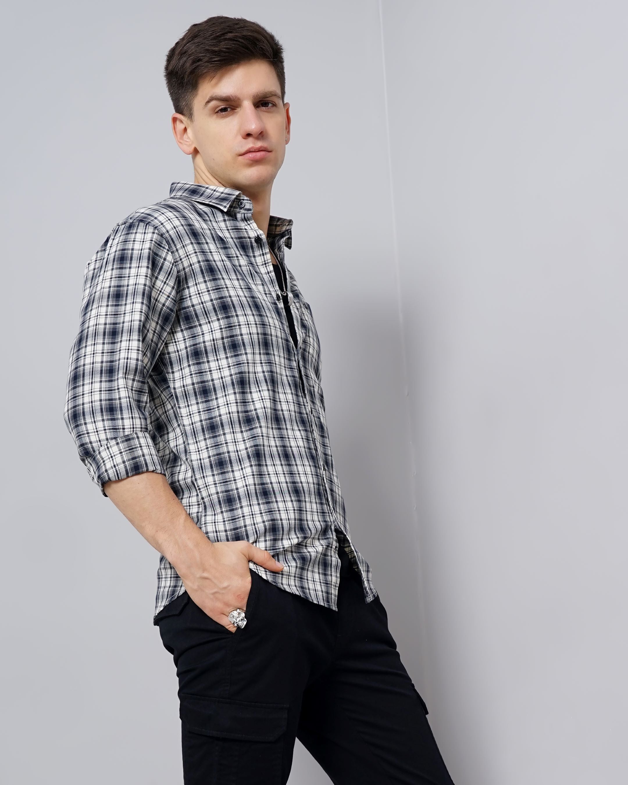 Men Grey Cotton Slim Shirt