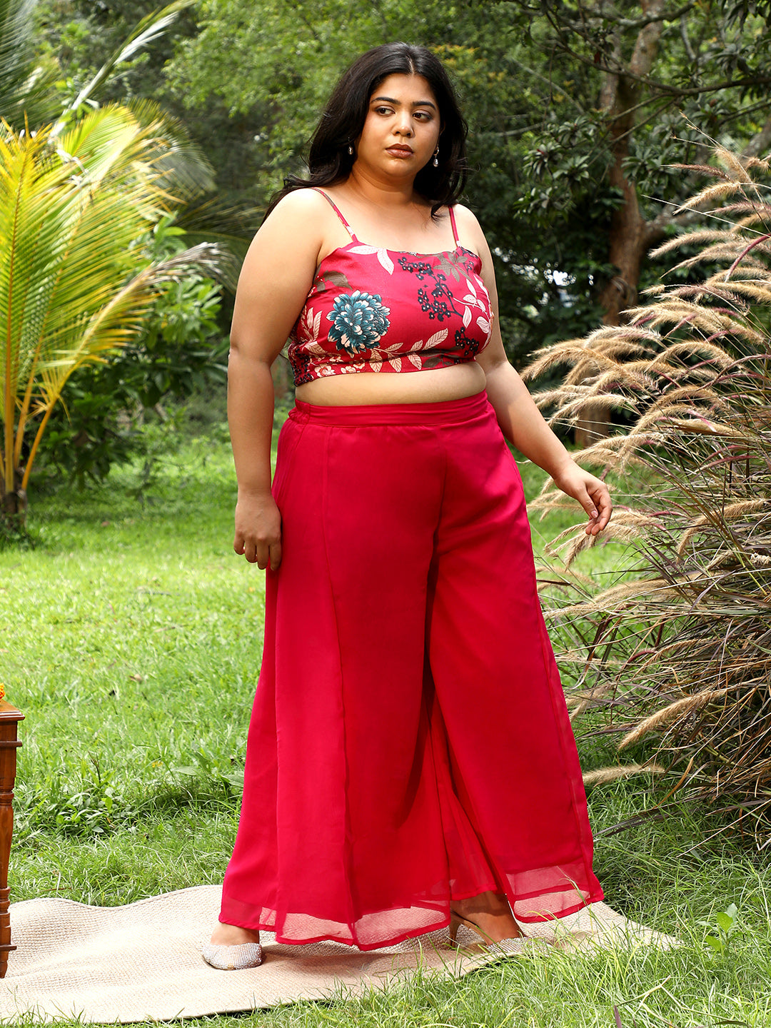 Women Crimson Red Botanica Flared Co-Ord Set