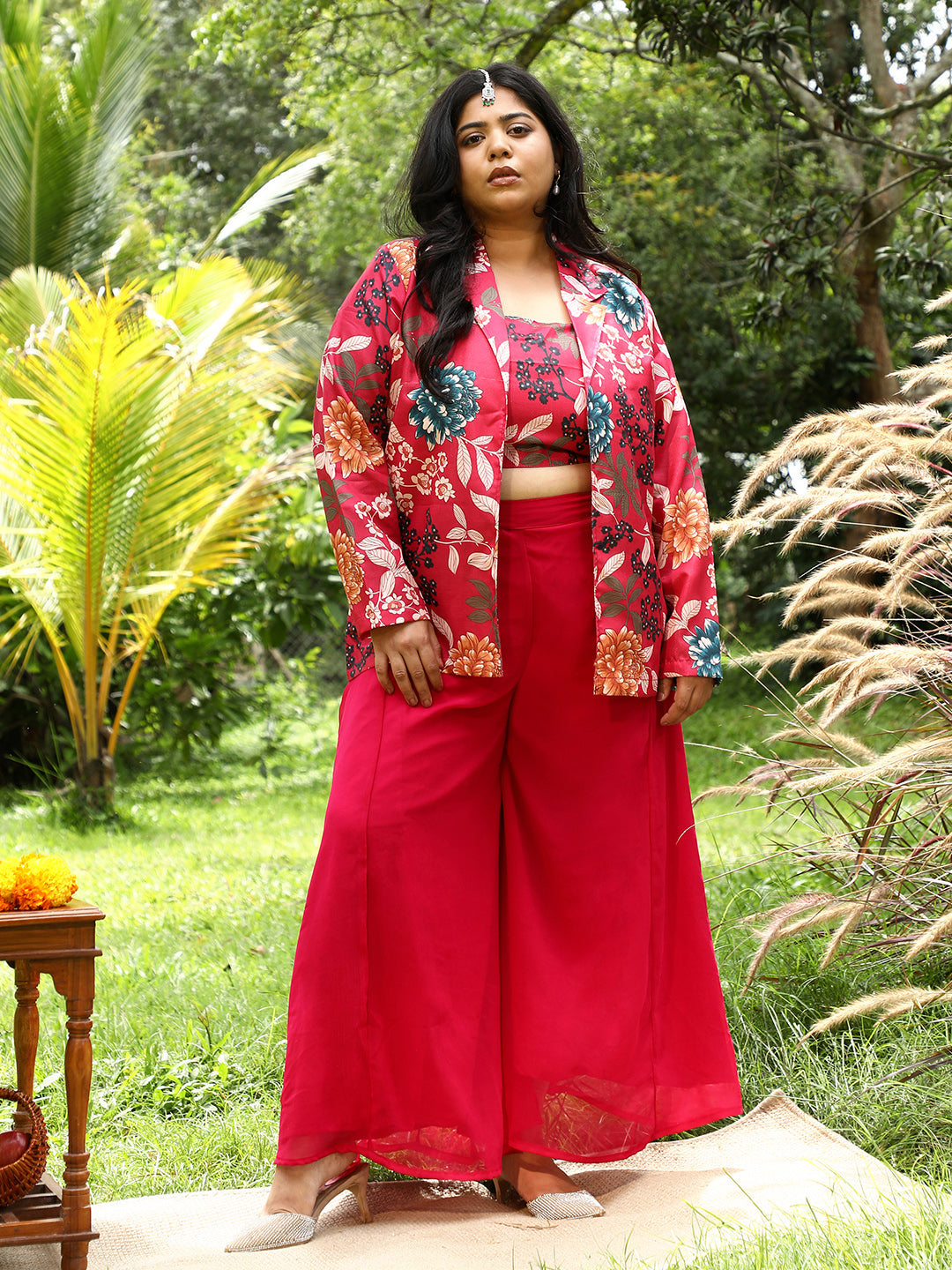 Women Crimson Red Botanica Flared Co-Ord Set