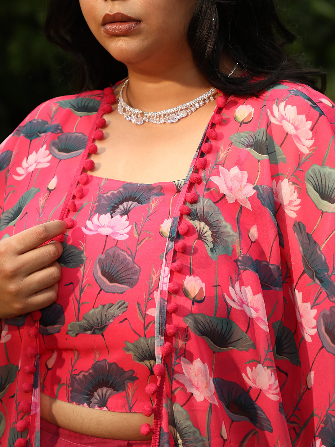 Women Raspberry Pink Flora-Imprint Draped Co-Ord Set