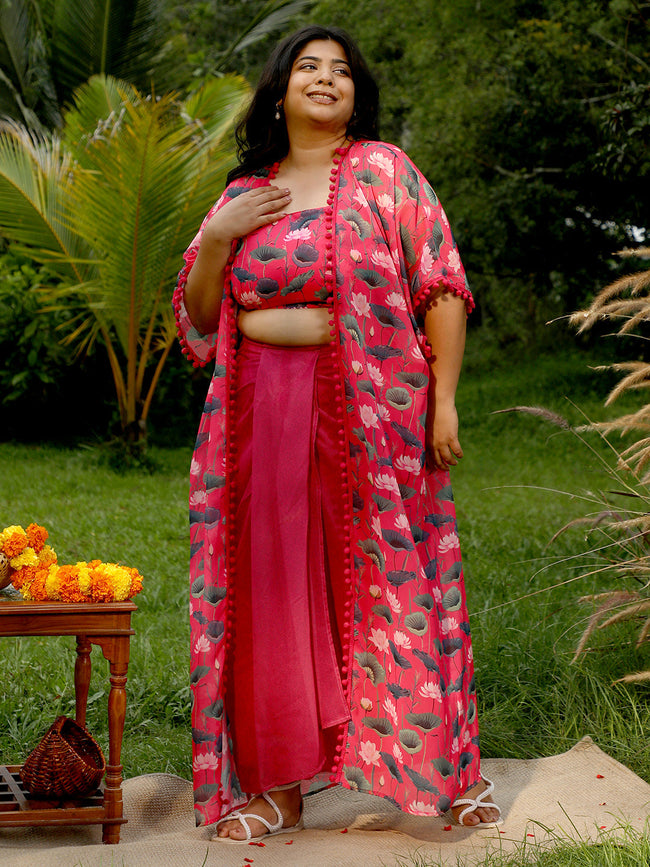Women Raspberry Pink Flora-Imprint Draped Co-Ord Set