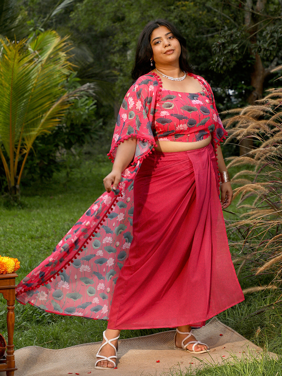 Women Raspberry Pink Flora-Imprint Draped Co-Ord Set