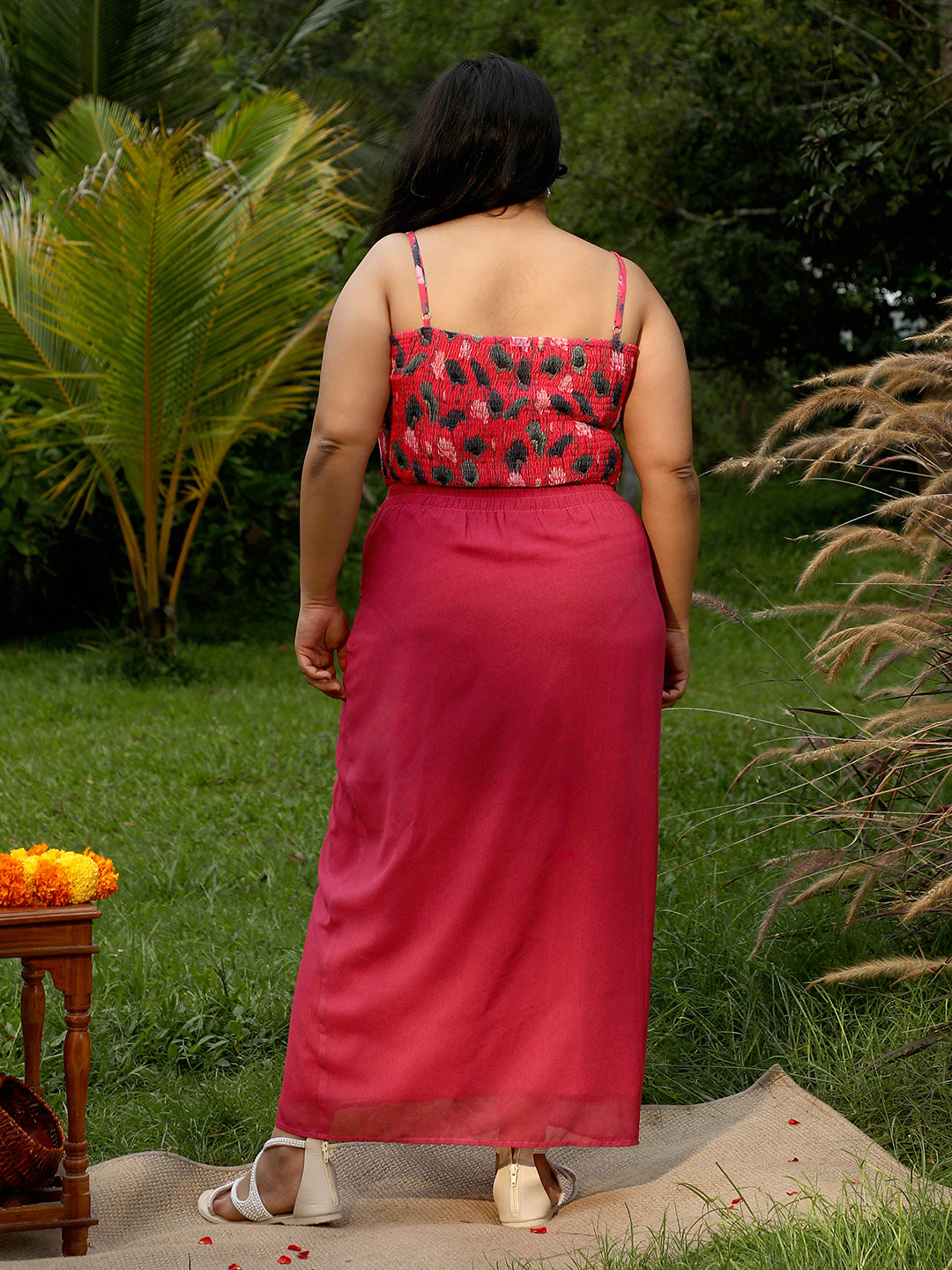 Women Raspberry Pink Flora-Imprint Draped Co-Ord Set