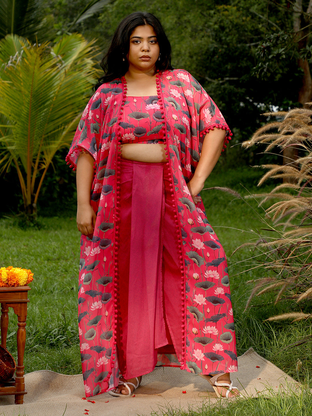 Women Raspberry Pink Flora-Imprint Draped Co-Ord Set