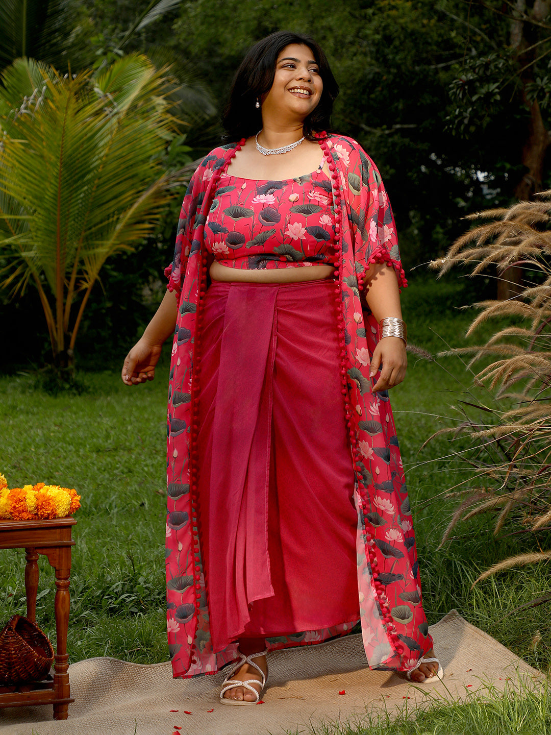 Women Raspberry Pink Flora-Imprint Draped Co-Ord Set