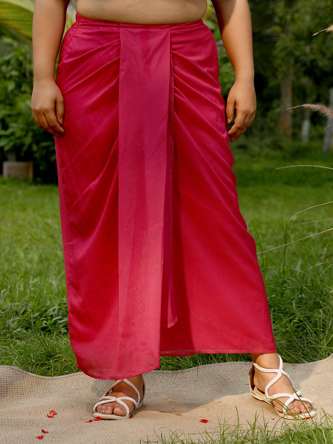 Women Raspberry Pink Flora-Imprint Draped Co-Ord Set