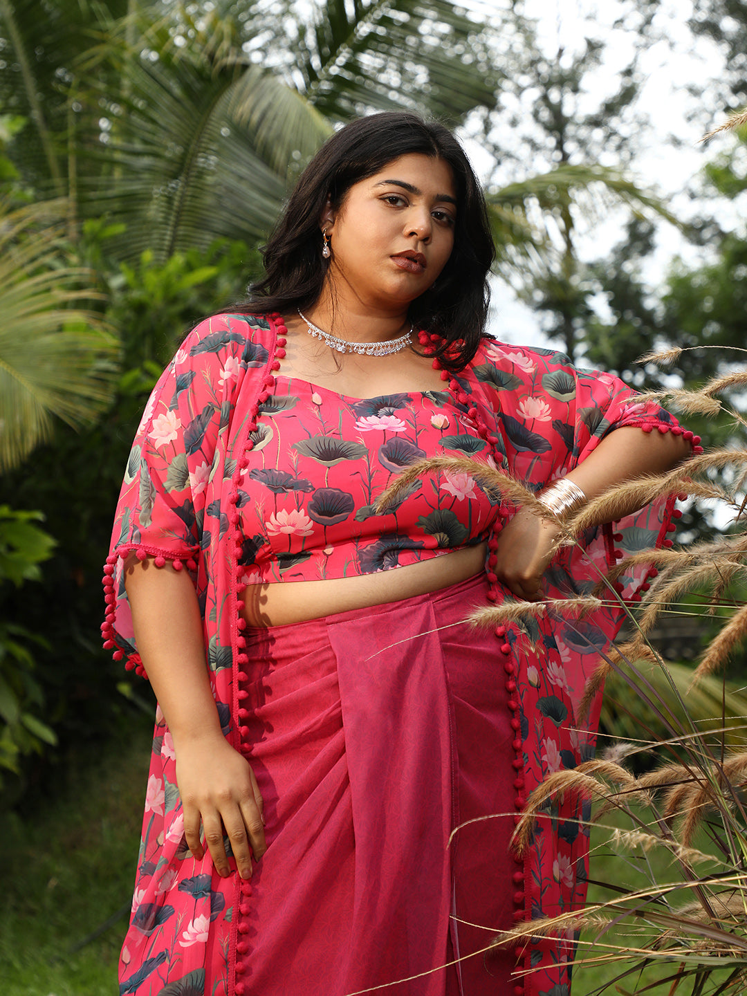 Women Raspberry Pink Flora-Imprint Draped Co-Ord Set