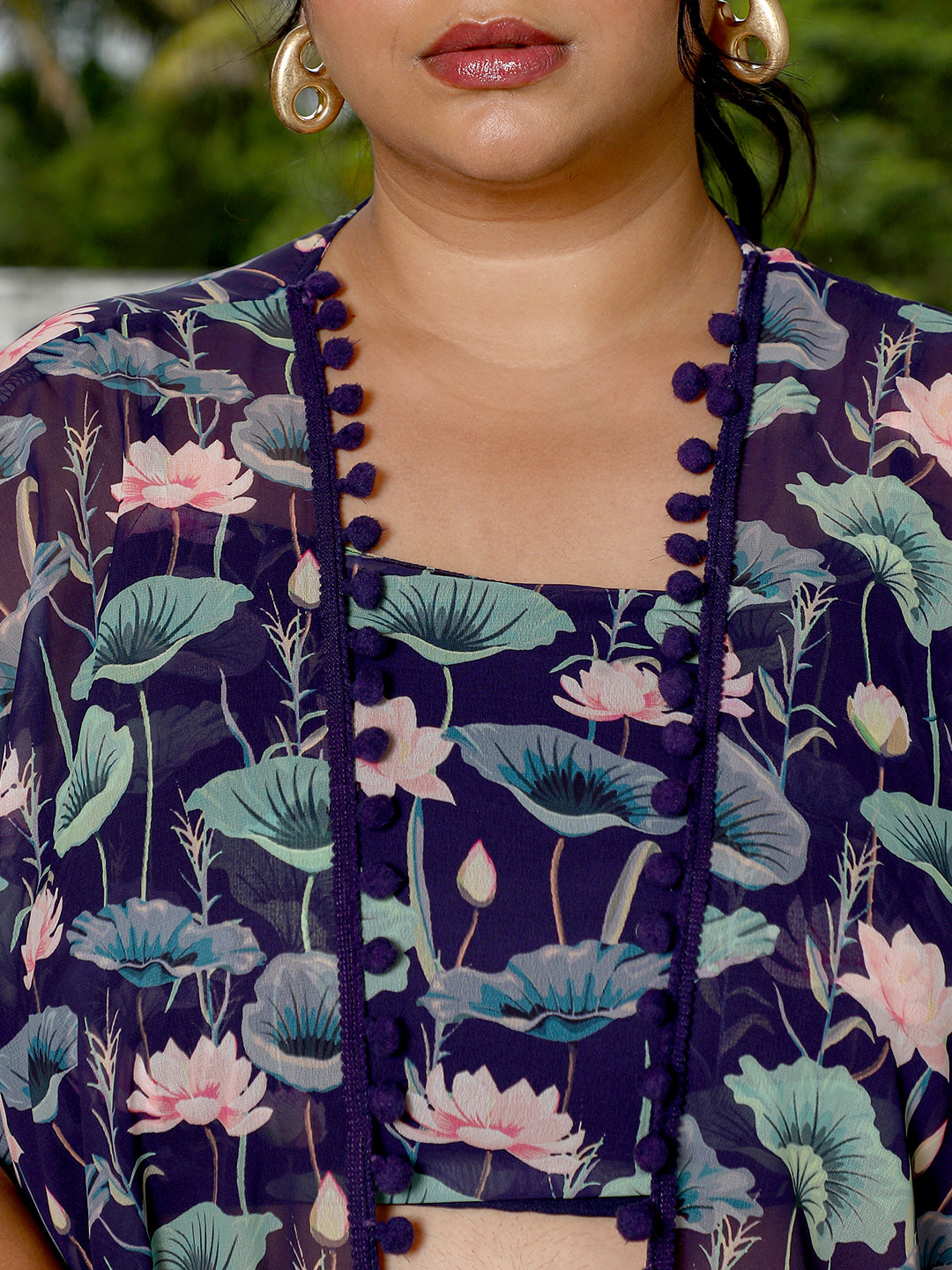 Women Navy Blue Flora-Imprint Draped Co-Ord Set