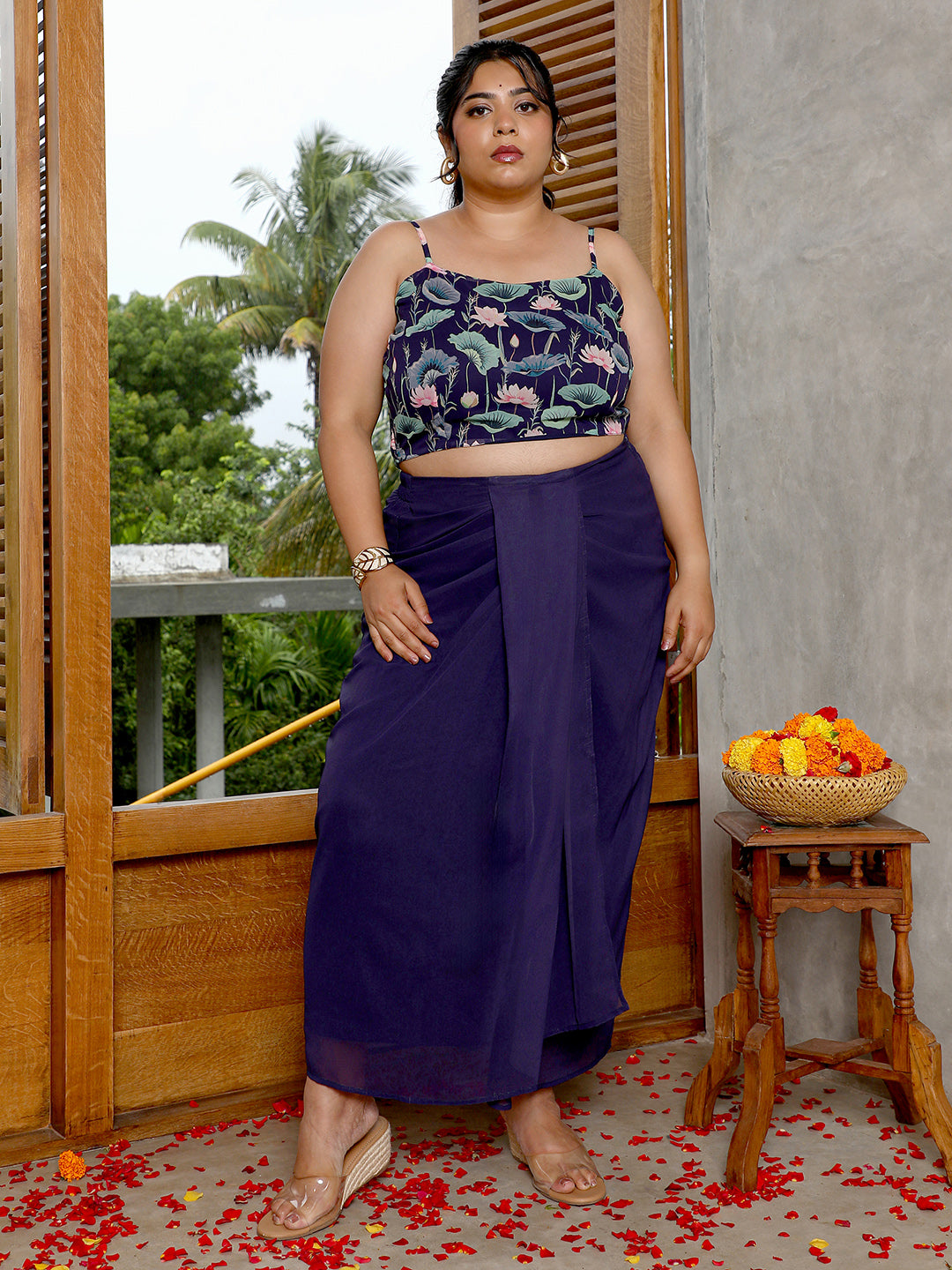Women Navy Blue Flora-Imprint Draped Co-Ord Set