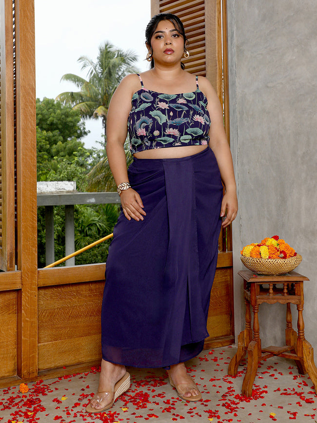 Women Navy Blue Flora-Imprint Draped Co-Ord Set