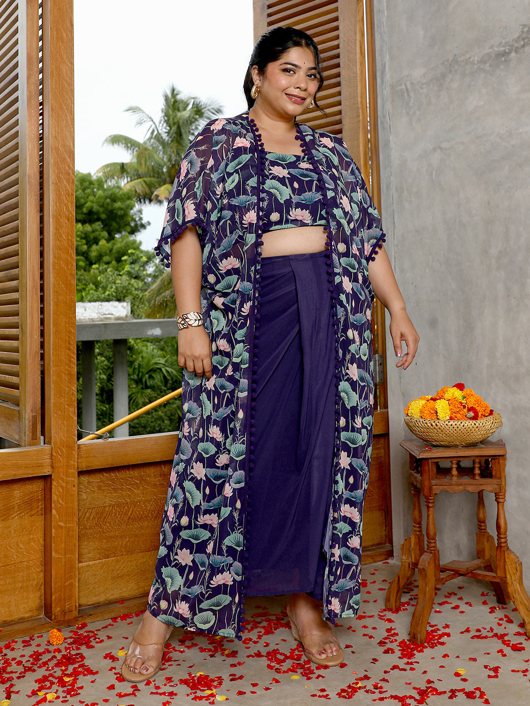 Women Navy Blue Flora-Imprint Draped Co-Ord Set