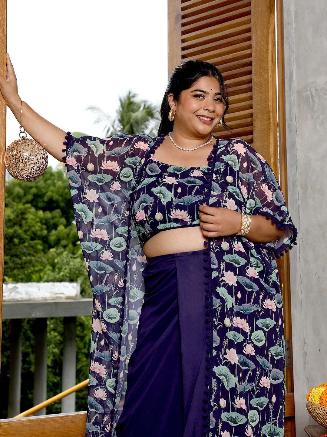 Women Navy Blue Flora-Imprint Draped Co-Ord Set