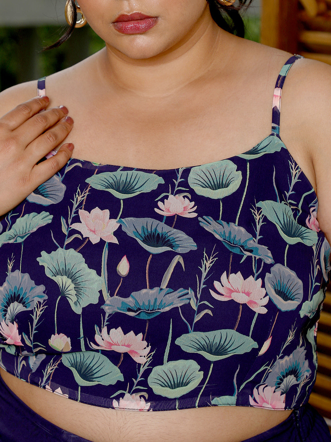 Women Navy Blue Flora-Imprint Draped Co-Ord Set