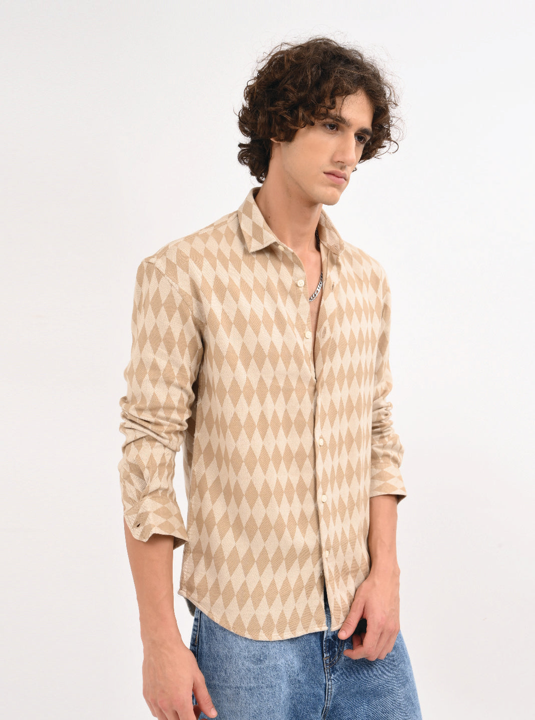 Men Beige Diamond Self Jacquard Shirt