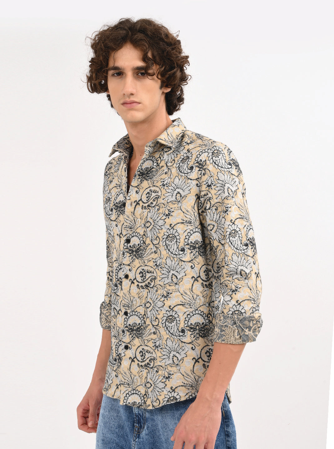 Men Cream Self Jacquard Shirt