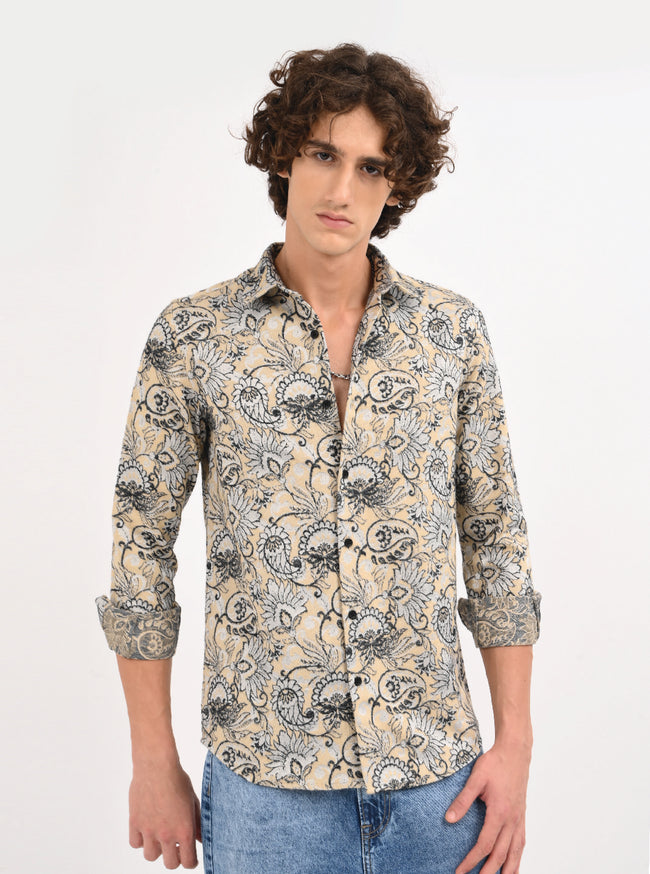 Men Cream Self Jacquard Shirt