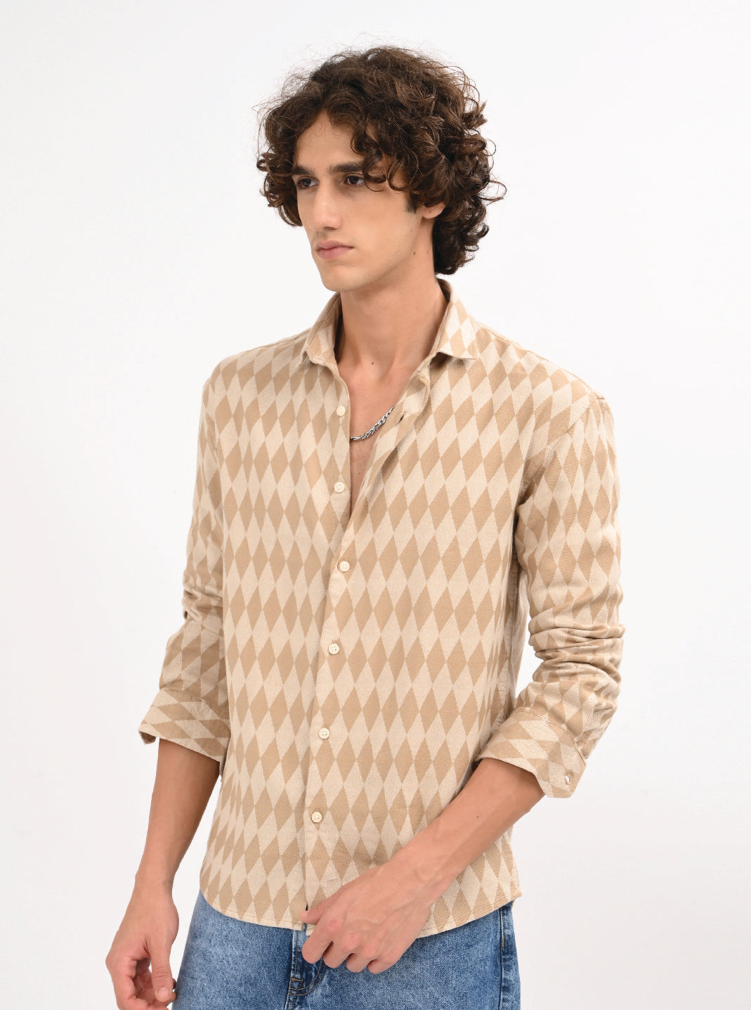 Men Beige Diamond Self Jacquard Shirt