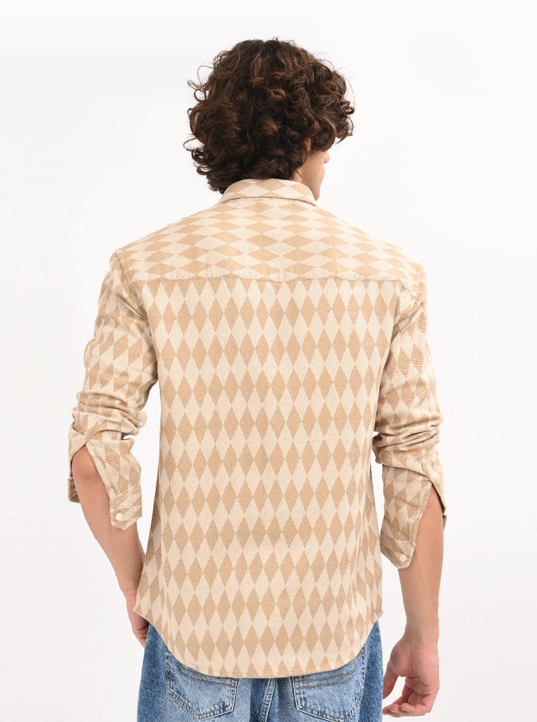 Men Beige Diamond Self Jacquard Shirt