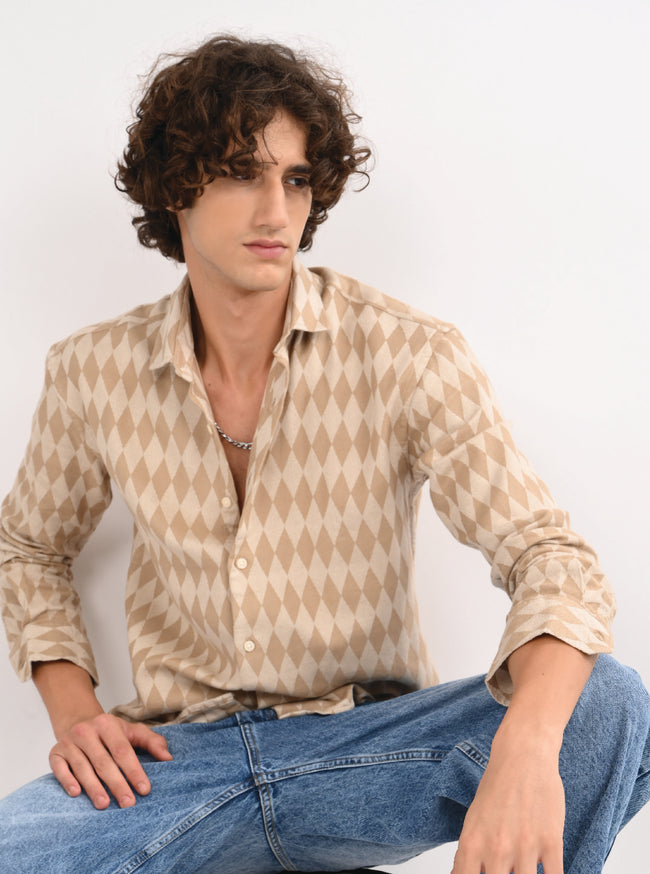 Men Beige Diamond Self Jacquard Shirt