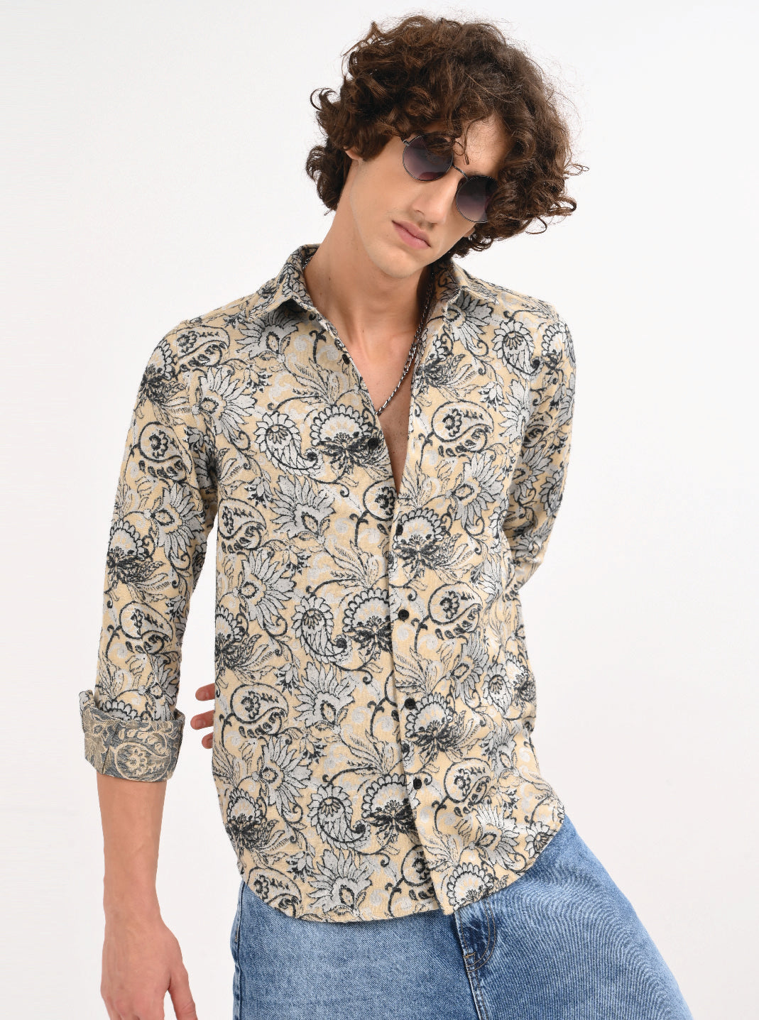 Men Cream Self Jacquard Shirt