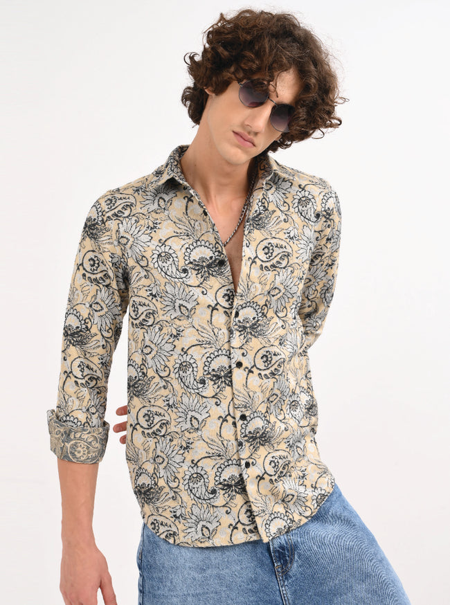 Men Cream Self Jacquard Shirt