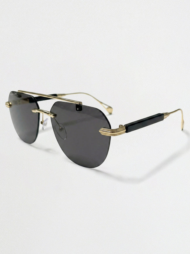 Men Gold-Toned Rimless Rectangle Sunglasses with Smoke Grey Tinted Lenses