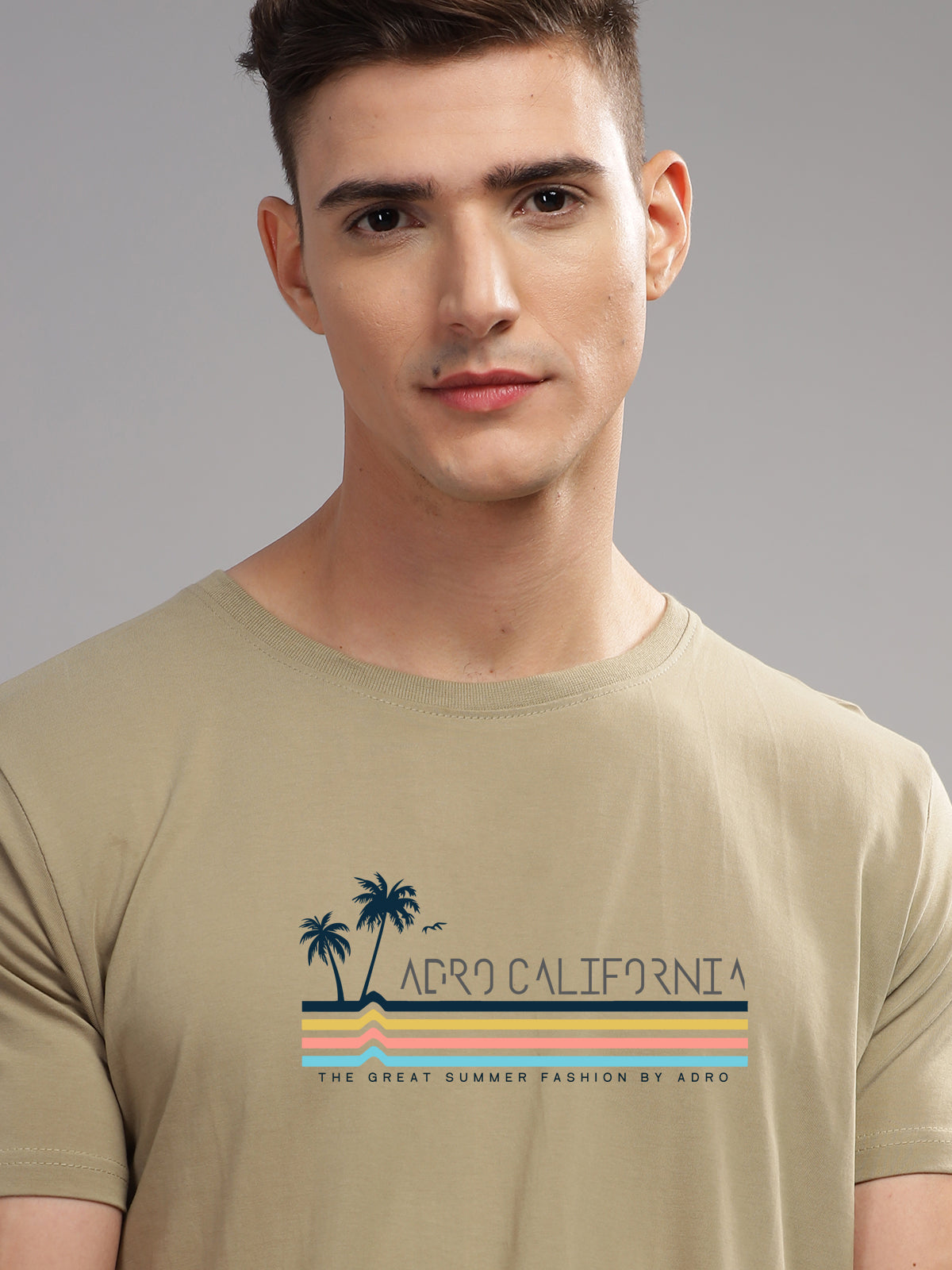 Men Beige Round Neck T Shirt