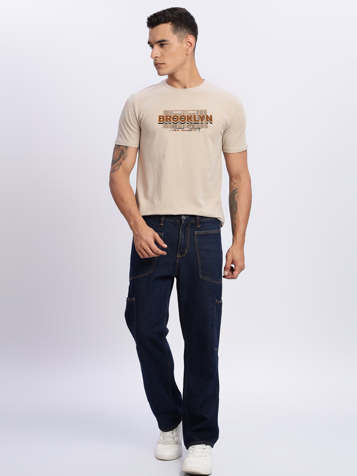 Men Printed Beige T Shirt