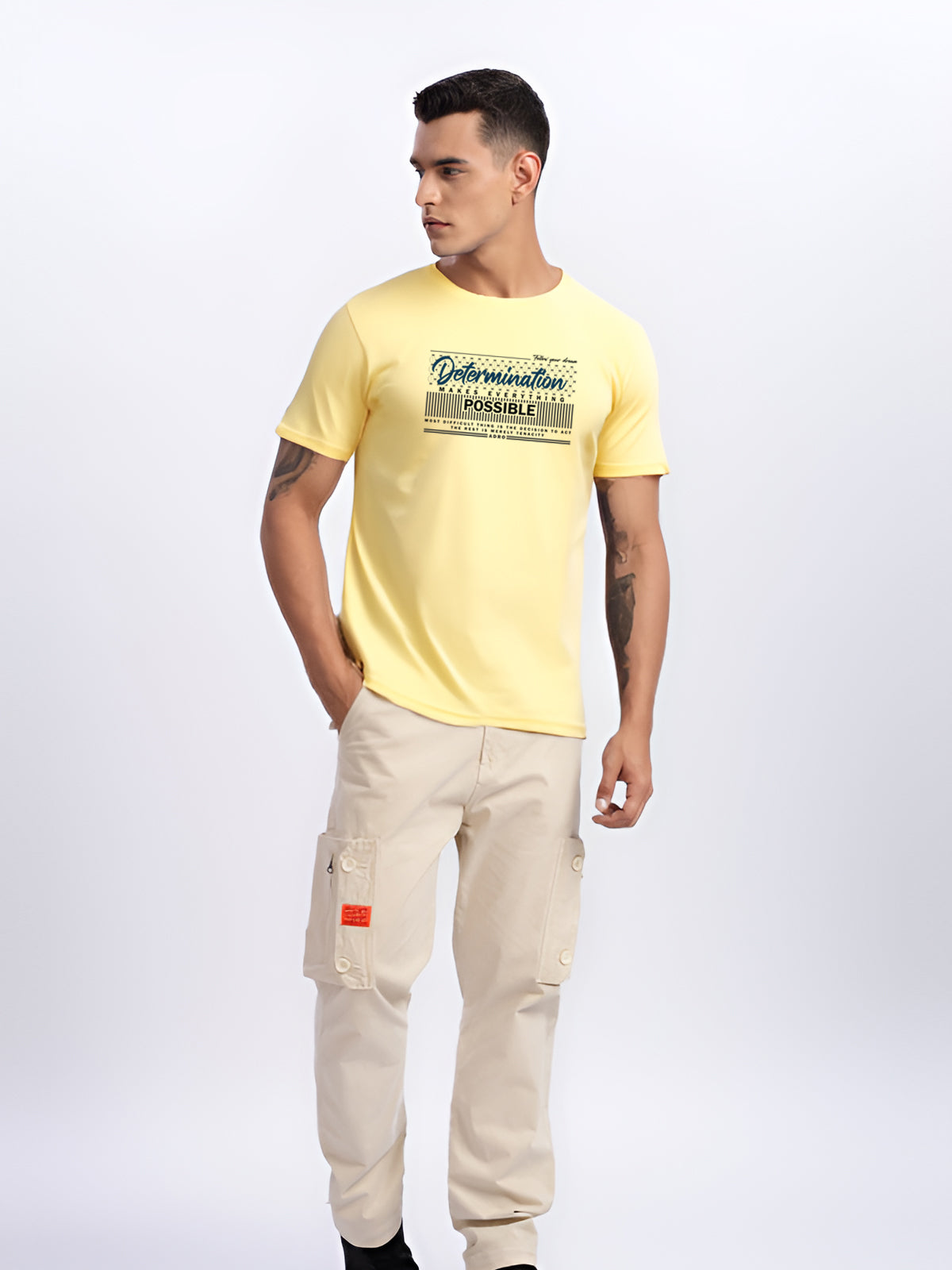 Men Printed Light Yellow T Shirt