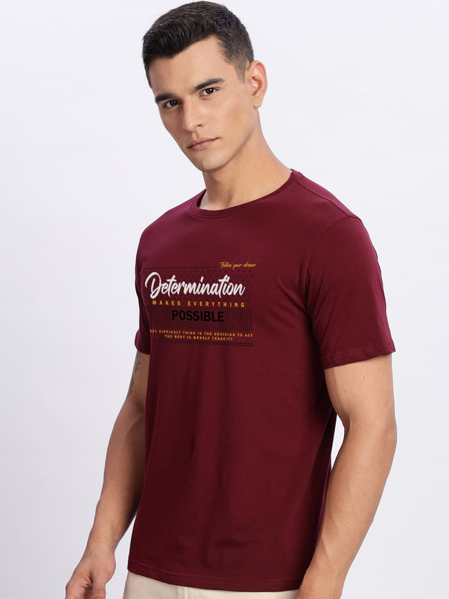 Men Printed Light Maroon T Shirt