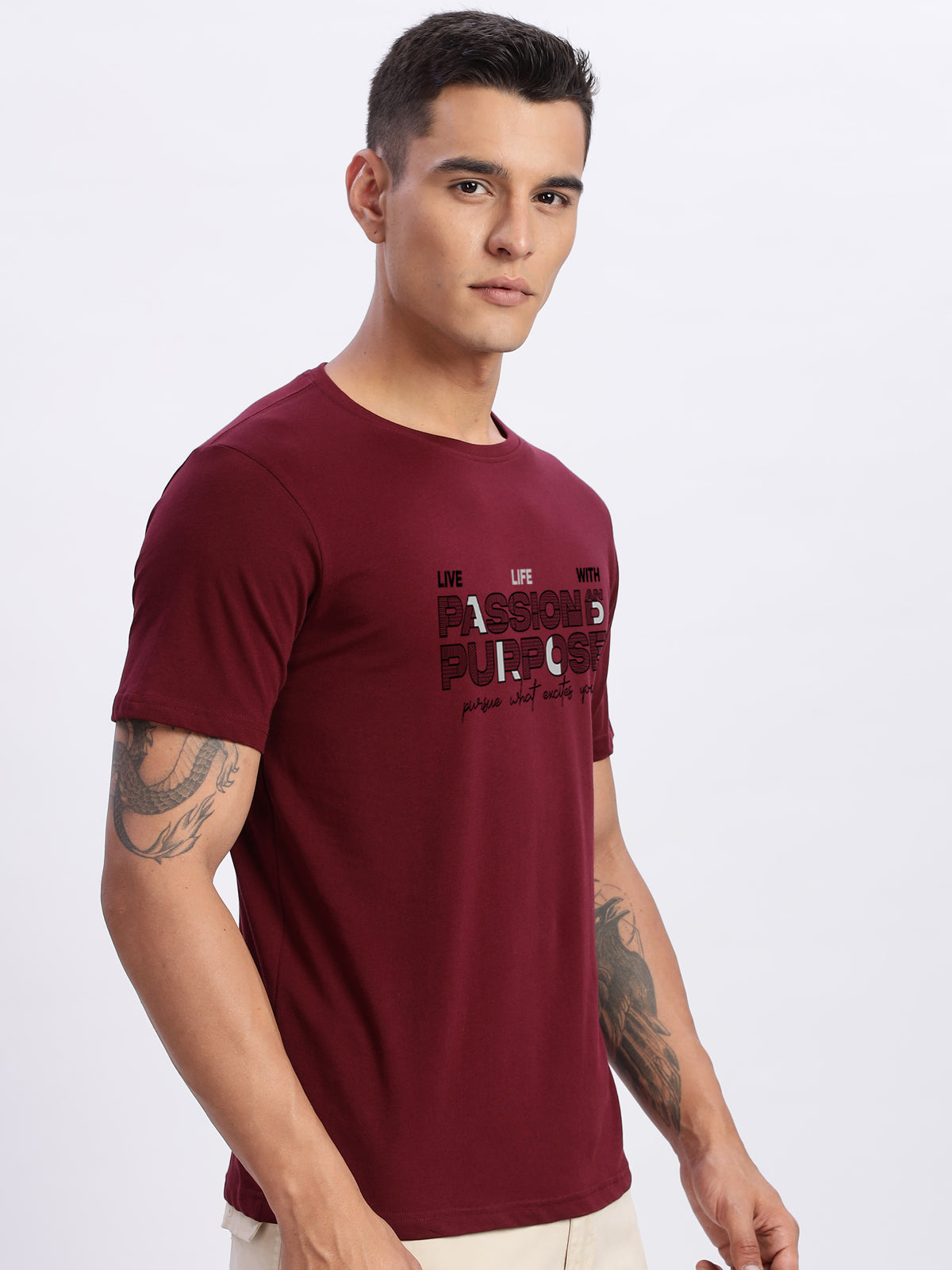 Men Printed Light Maroon T Shirt
