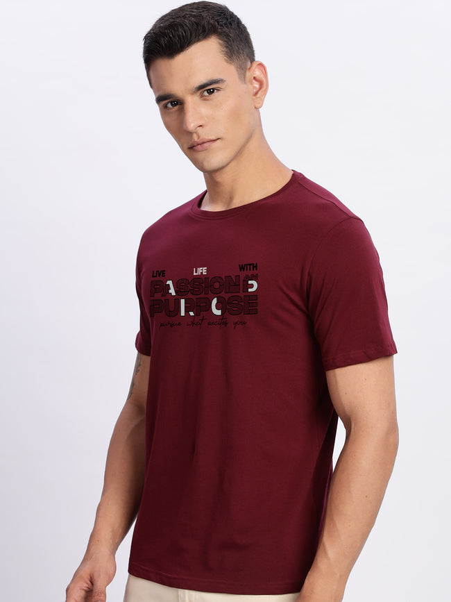 Men Printed Light Maroon T Shirt