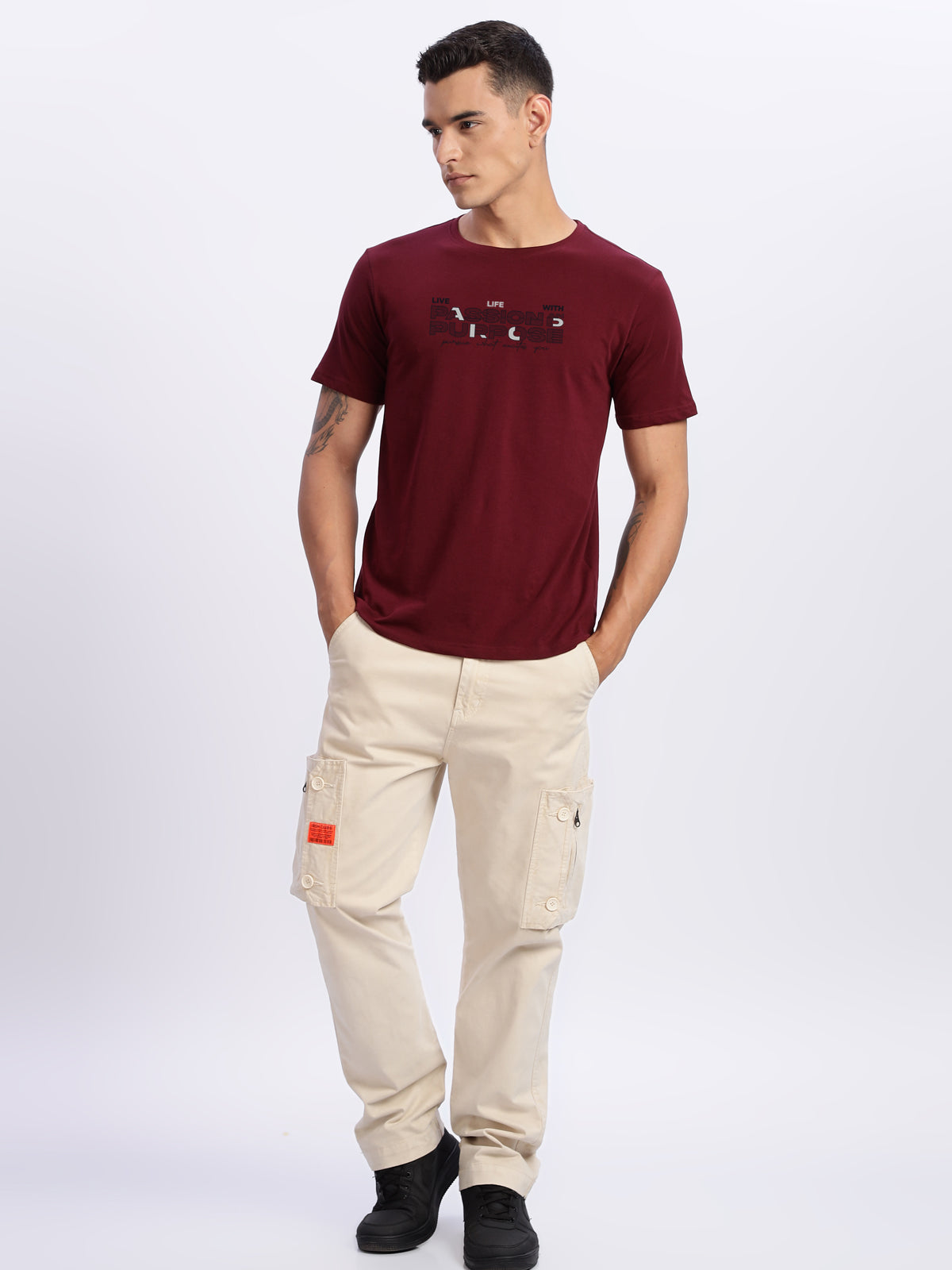 Men Printed Light Maroon T Shirt
