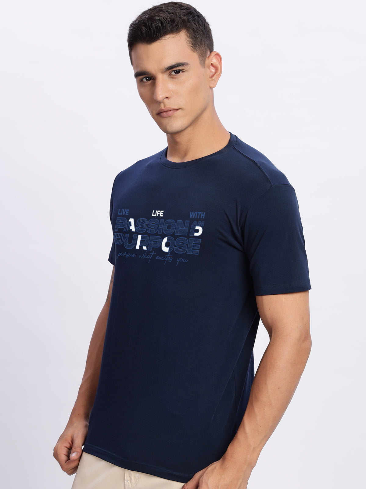 Men Printed Light Navy Blue T Shirt