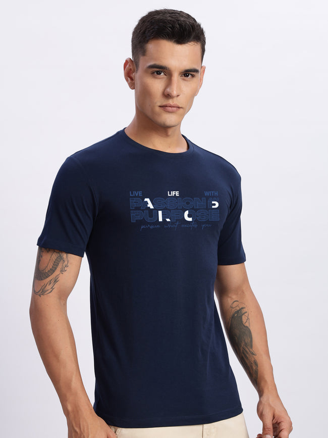 Men Printed Light Navy Blue T Shirt