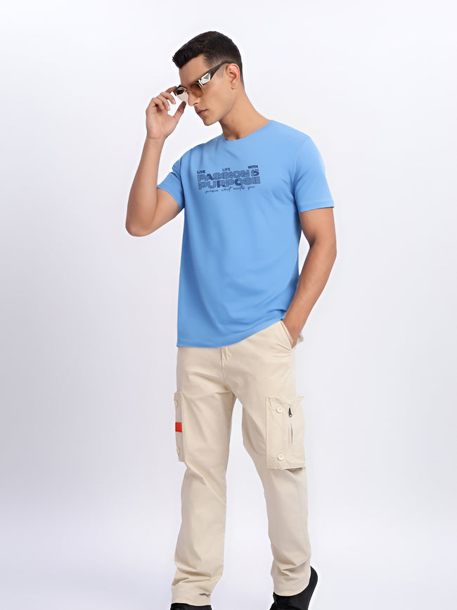 Men Printed Sky Blue T Shirt