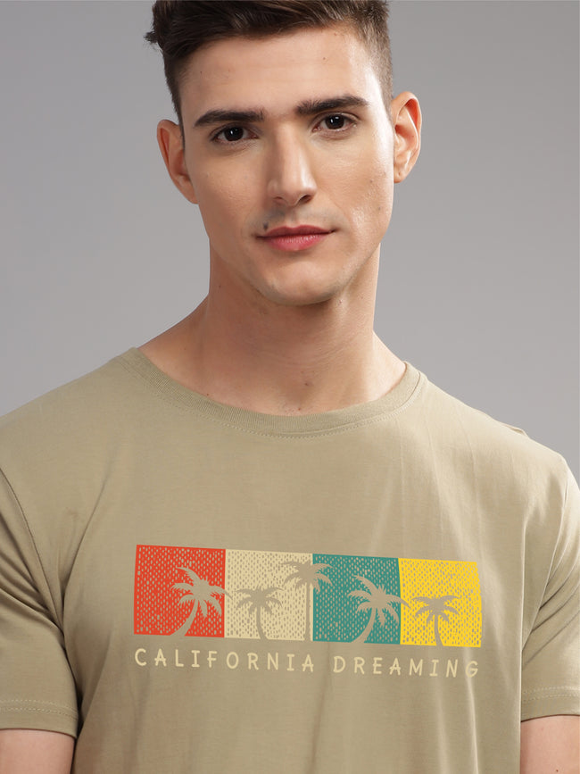 Men Beige Round Neck T Shirt