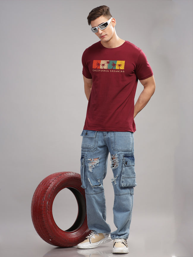 Men Maroon Round Neck T Shirt