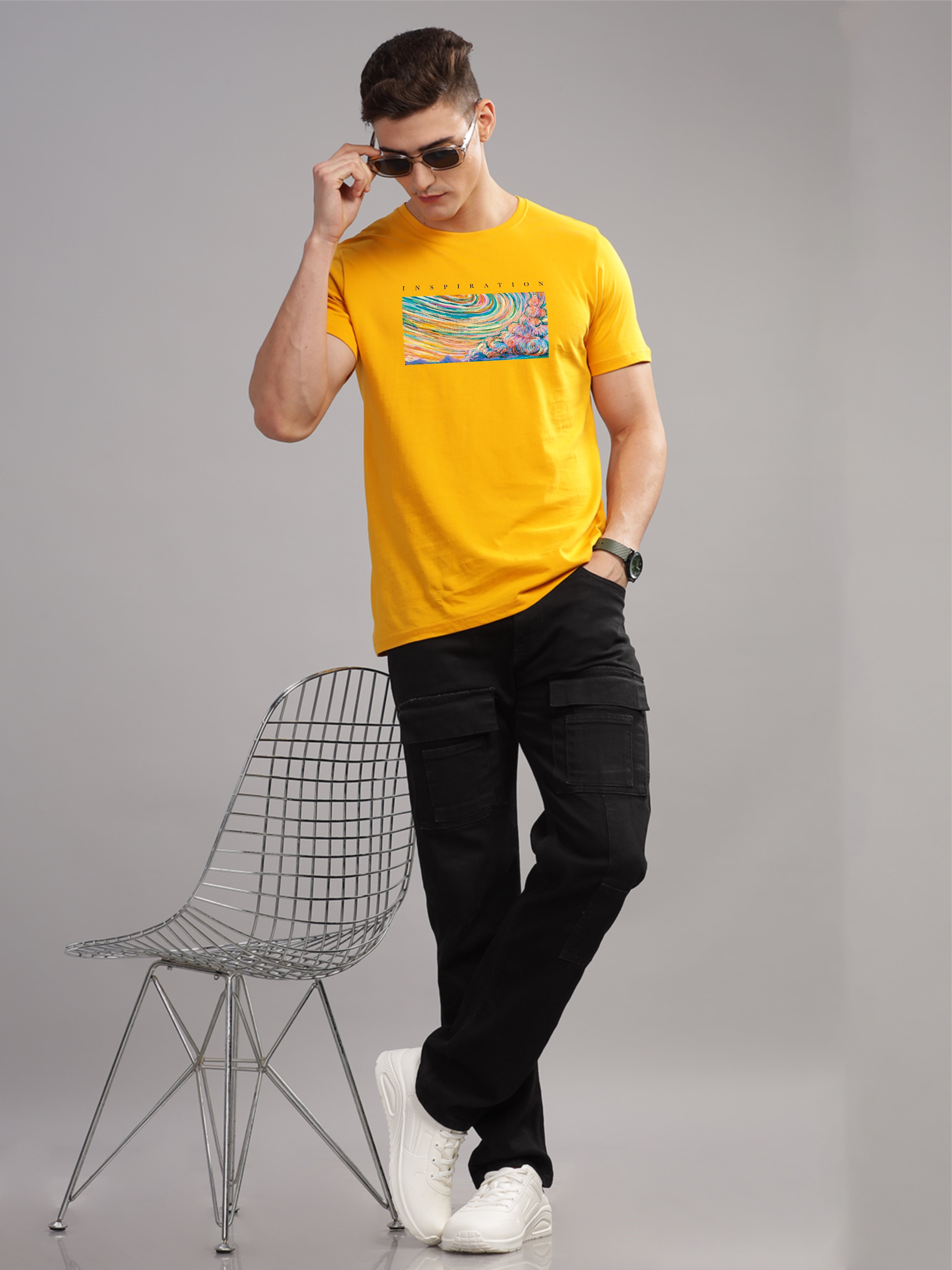 Men Mustard Round Neck T Shirt