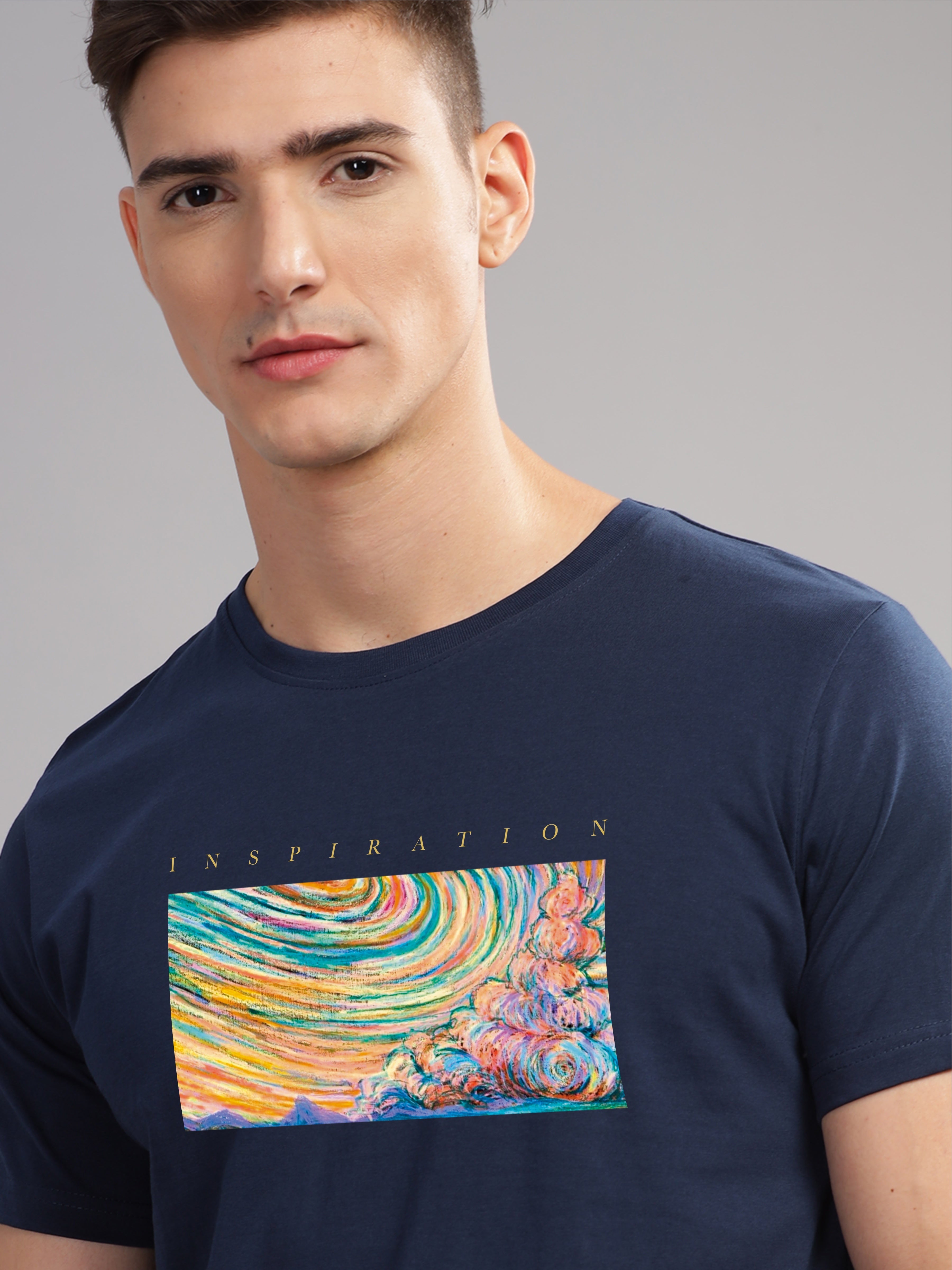 Men Navy Blue Round Neck T Shirt