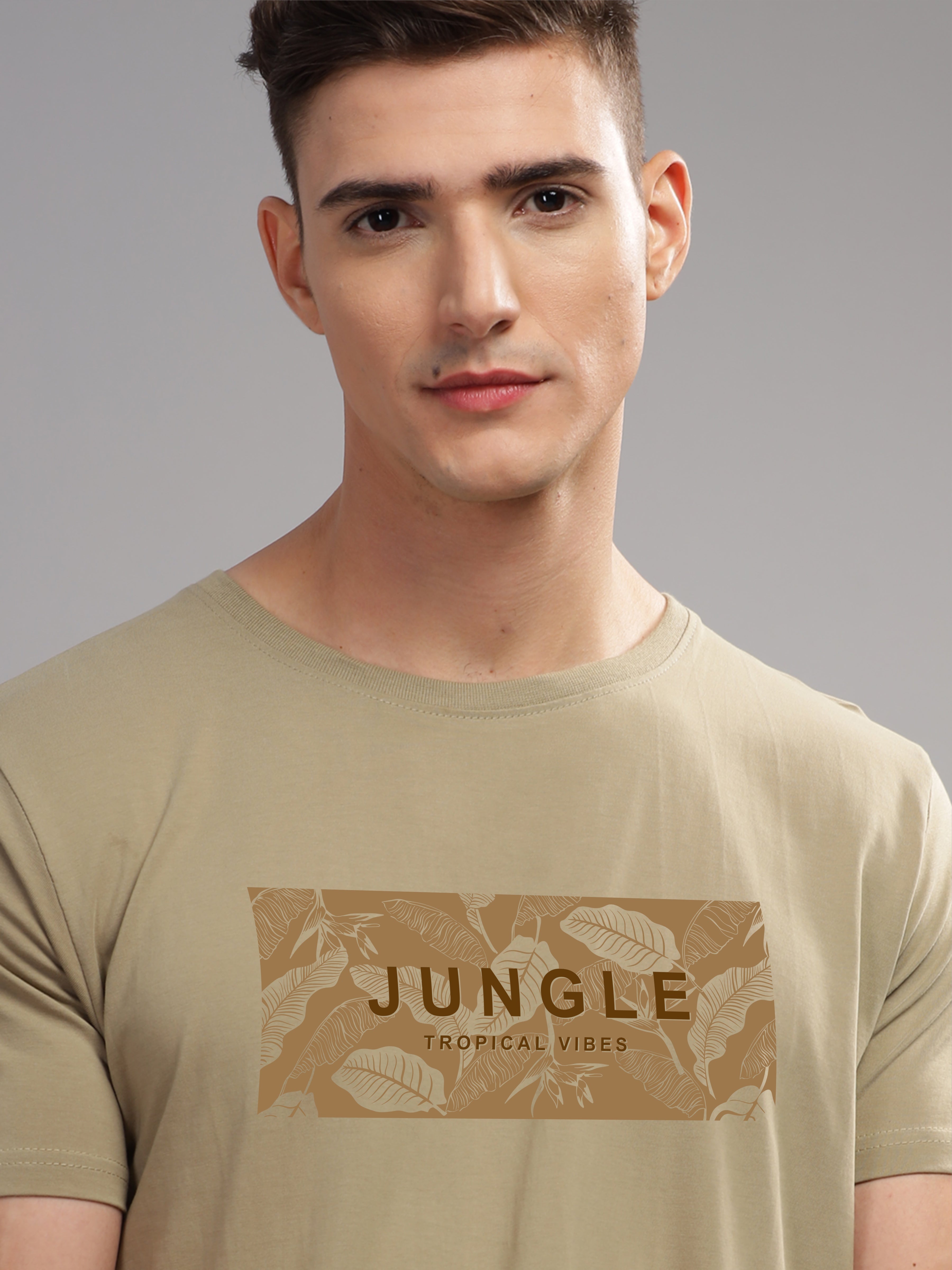 Men Beige Round Neck T Shirt