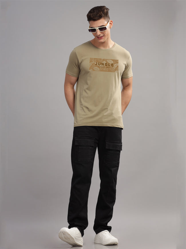 Men Beige Round Neck T Shirt