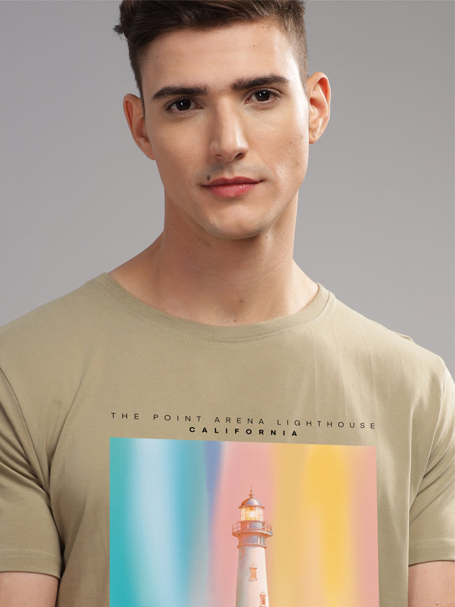 Men Beige Round Neck T Shirt