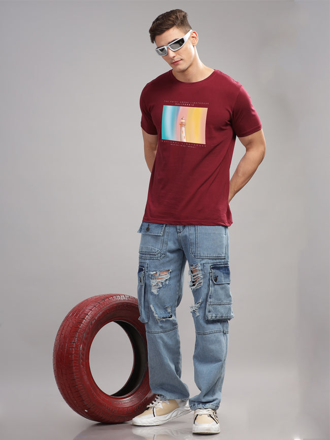 Men Maroon Round Neck T Shirt