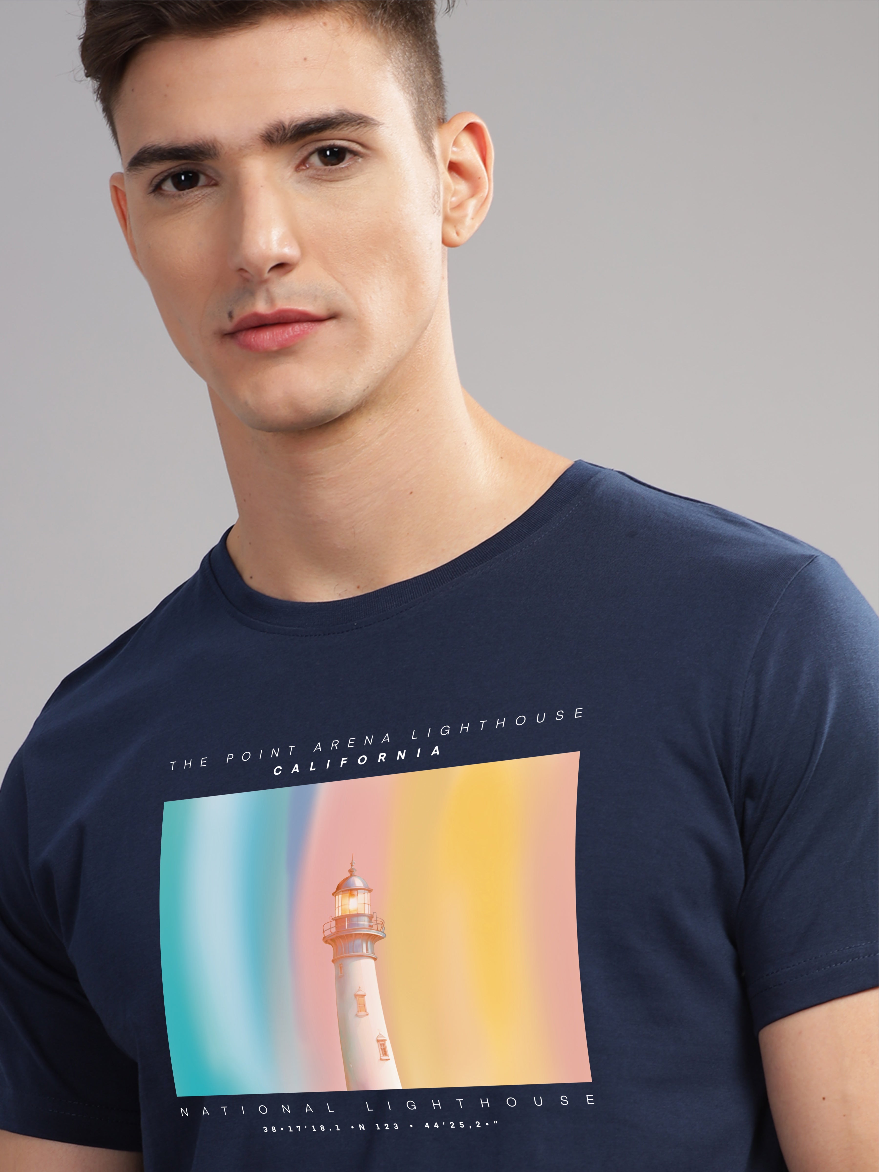 Men Navy Blue Round Neck T Shirt
