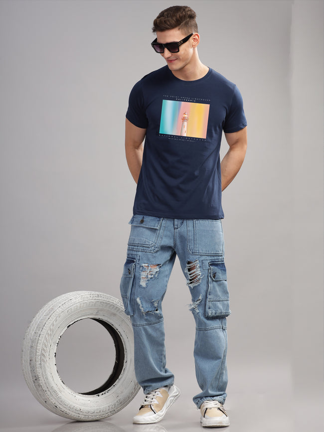 Men Navy Blue Round Neck T Shirt