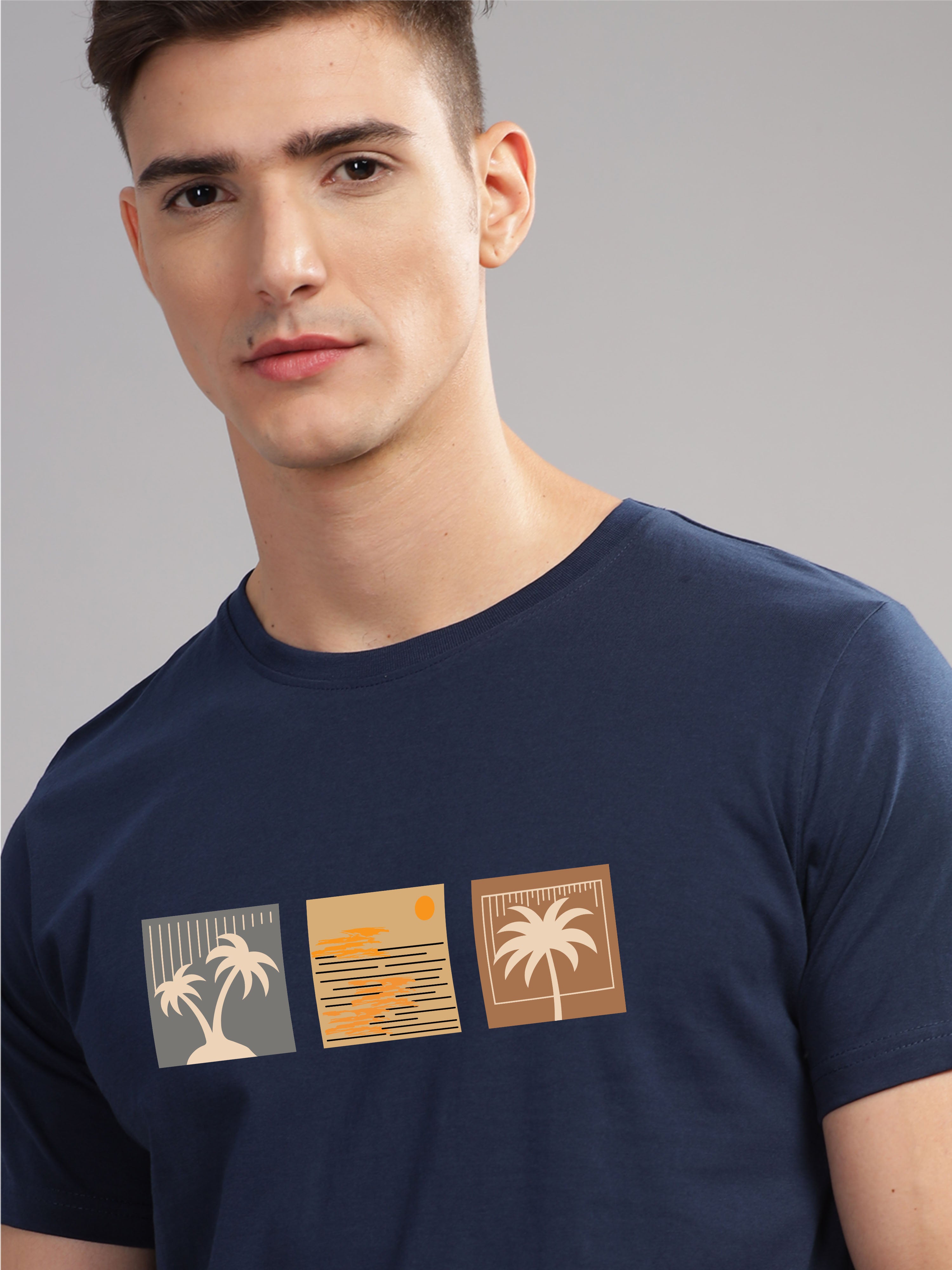 Men Navy Blue Round Neck T Shirt