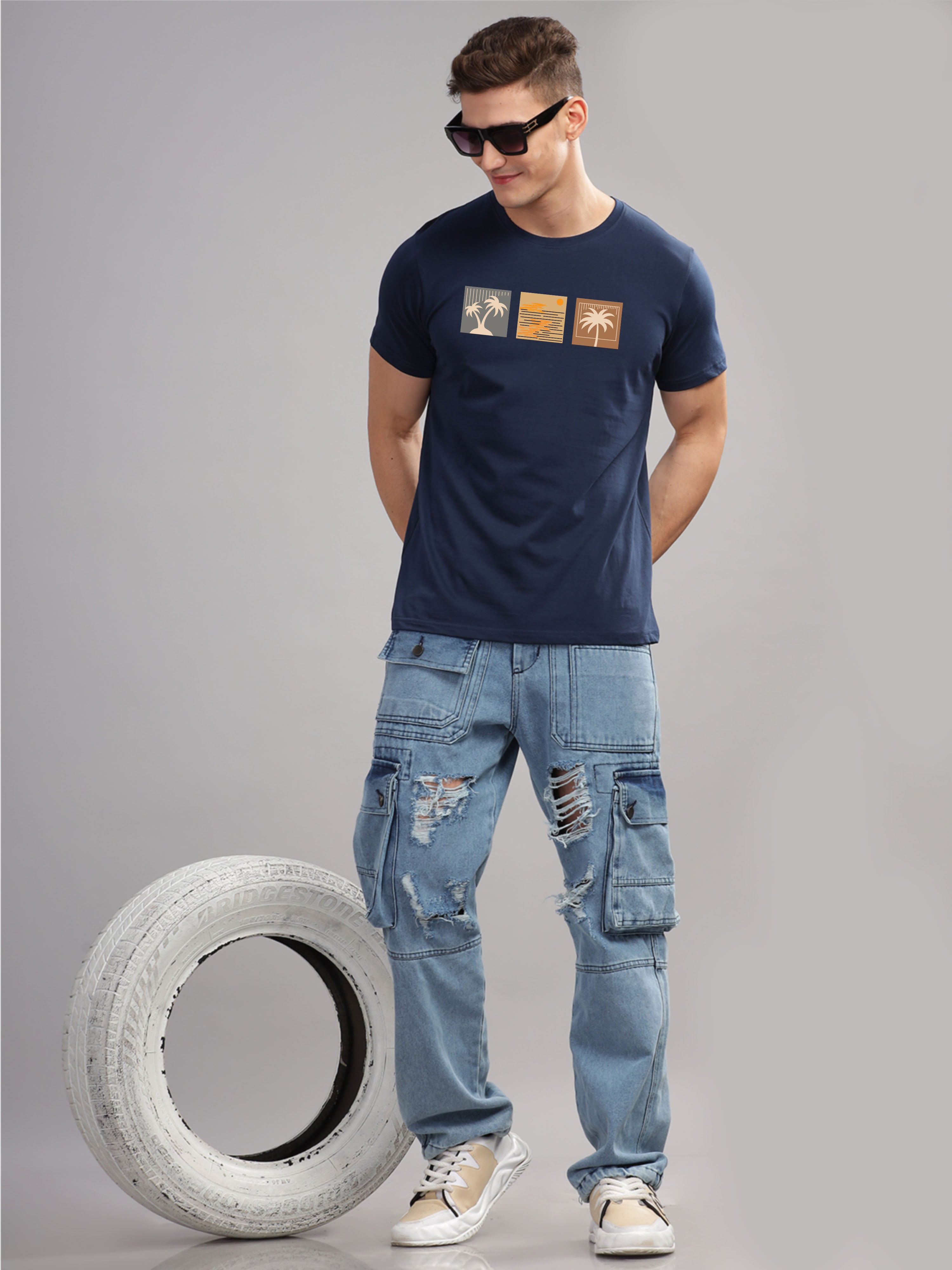 Men Navy Blue Round Neck T Shirt
