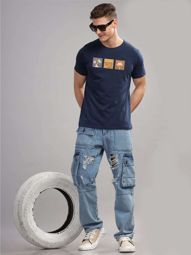 Men Navy Blue Round Neck T Shirt