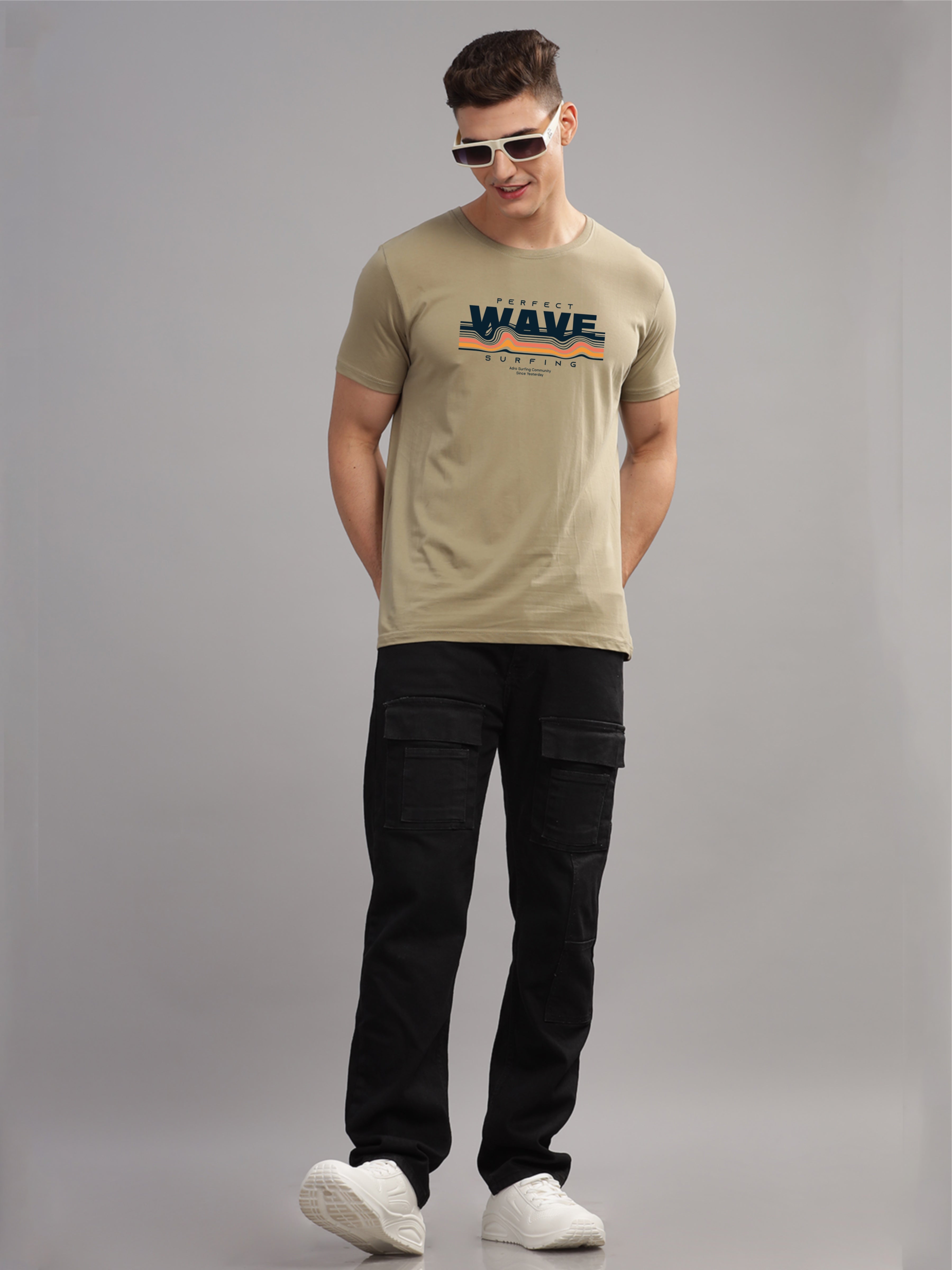 Men Beige Round Neck T Shirt